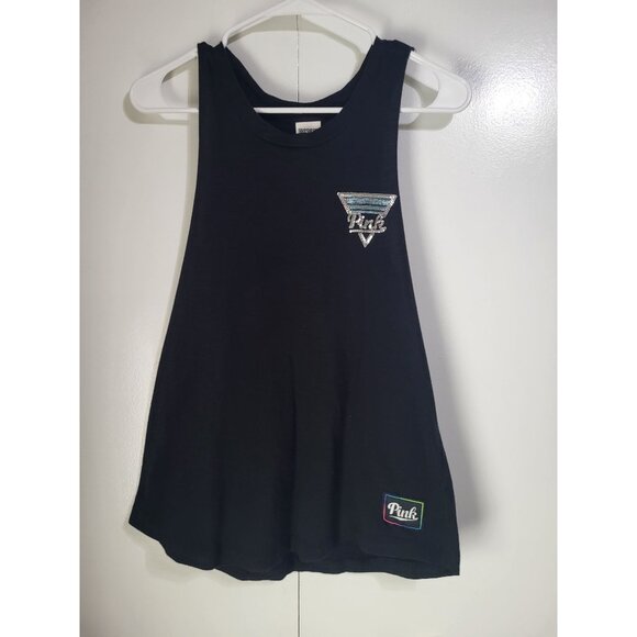 VS PINK Tank Top Womens XS Black Sleeveless Muscle Bling Logo y2k style Beach - Picture 3 of 7
